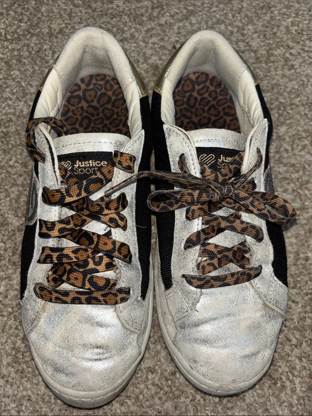 Justice Kids White Black Sneakers with Leopard Print Laces